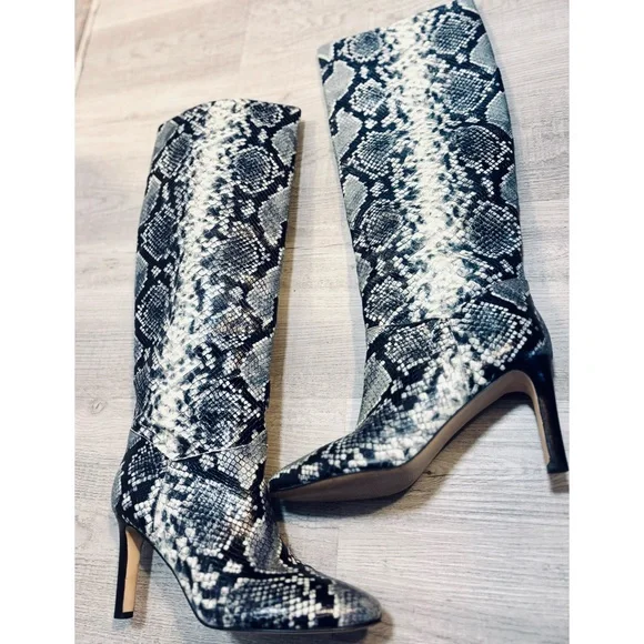 Marc Fisher LTD Black, White and Blue Snakeskin Embossed Leather Heel Boots- 7.5 - Picture 7 of 11